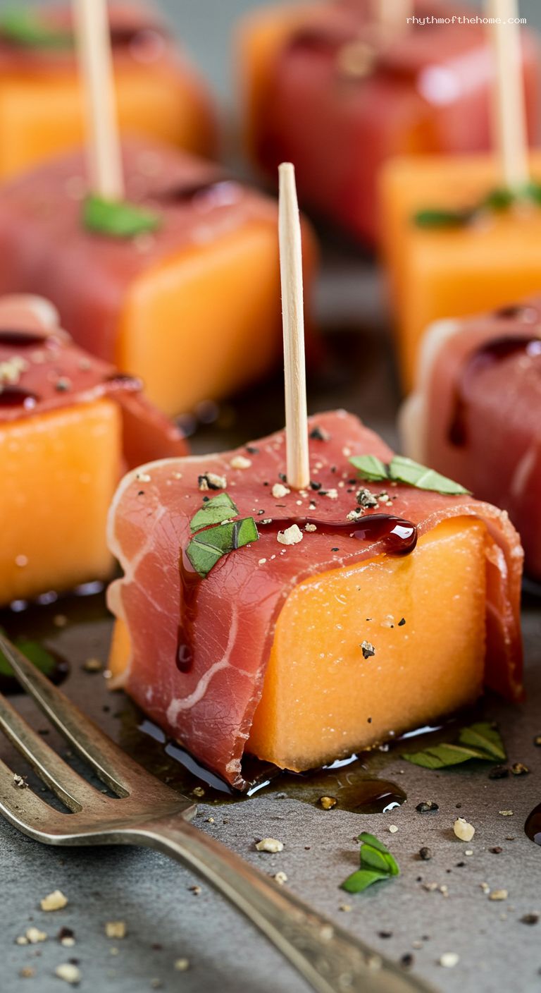 Prosciutto-Wrapped Melon Pops with Balsamic Glaze – Closeup