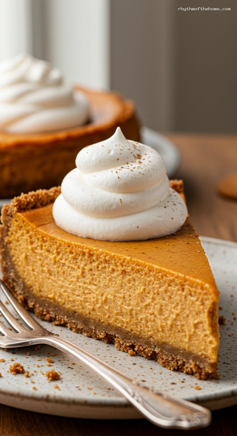 Pumpkin Cheesecake with Gingersnap Crust and Whipped Cream – Closeup