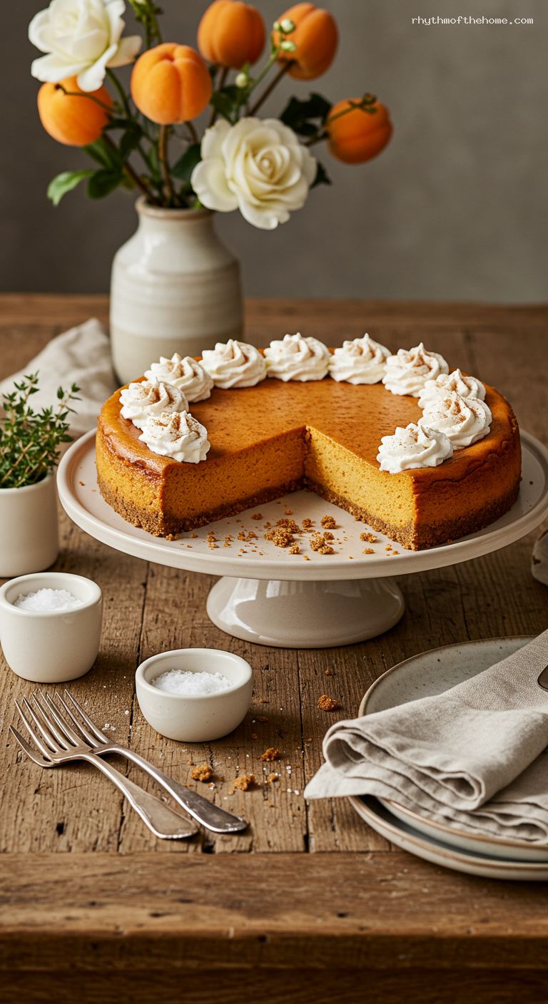 Pumpkin Cheesecake with Gingersnap Crust and Whipped Cream