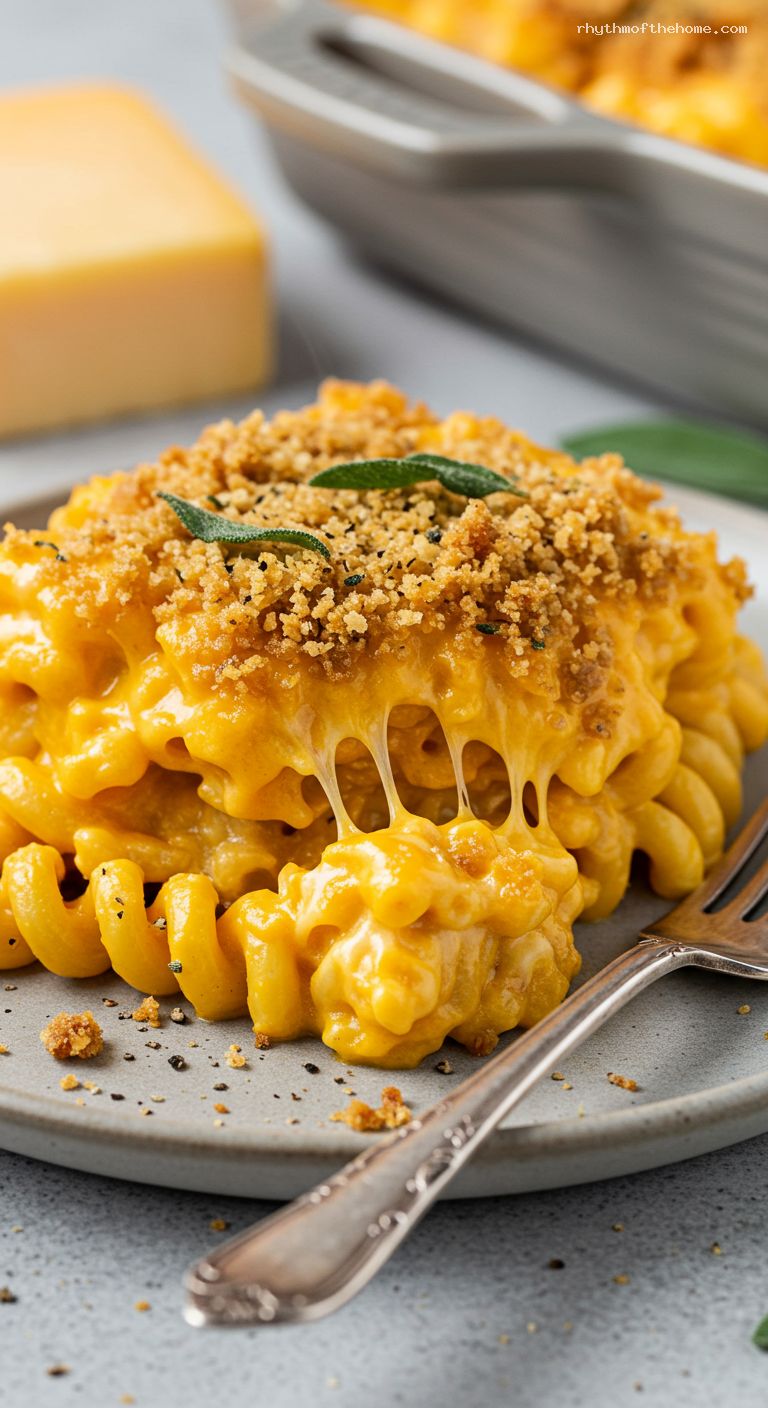 Pumpkin Mac and Cheese with Sage Brown-Butter Crumbs – Closeup