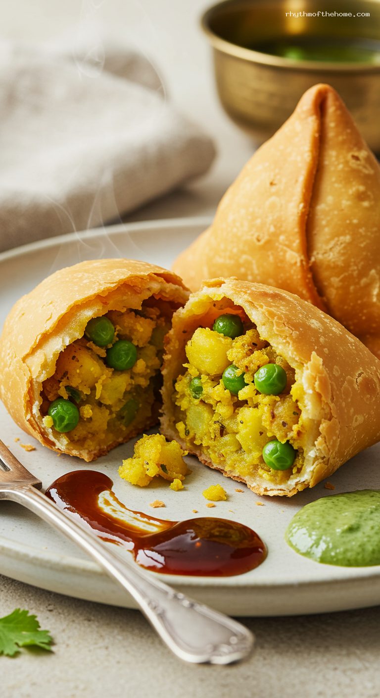 Punjabi Samosa with Tamarind and Mint Chutneys – Closeup
