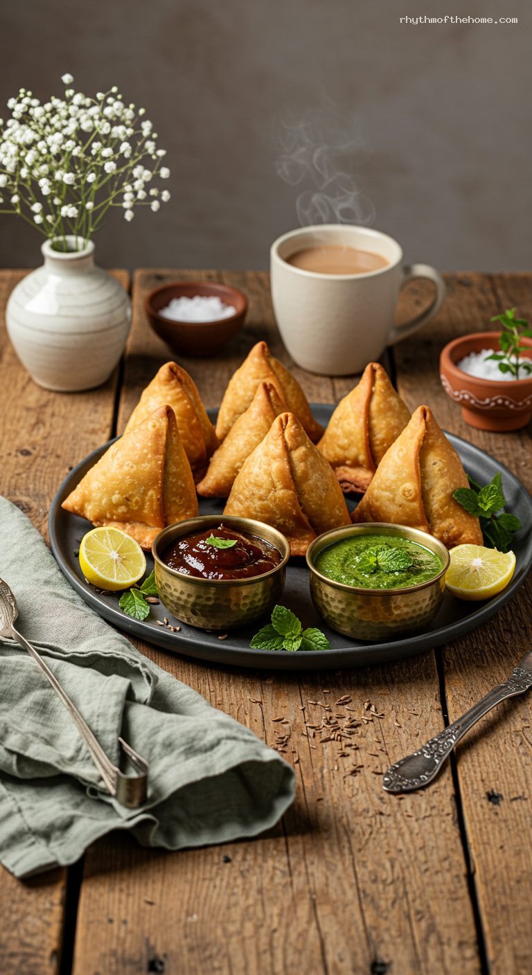 Punjabi Samosa with Tamarind and Mint Chutneys
