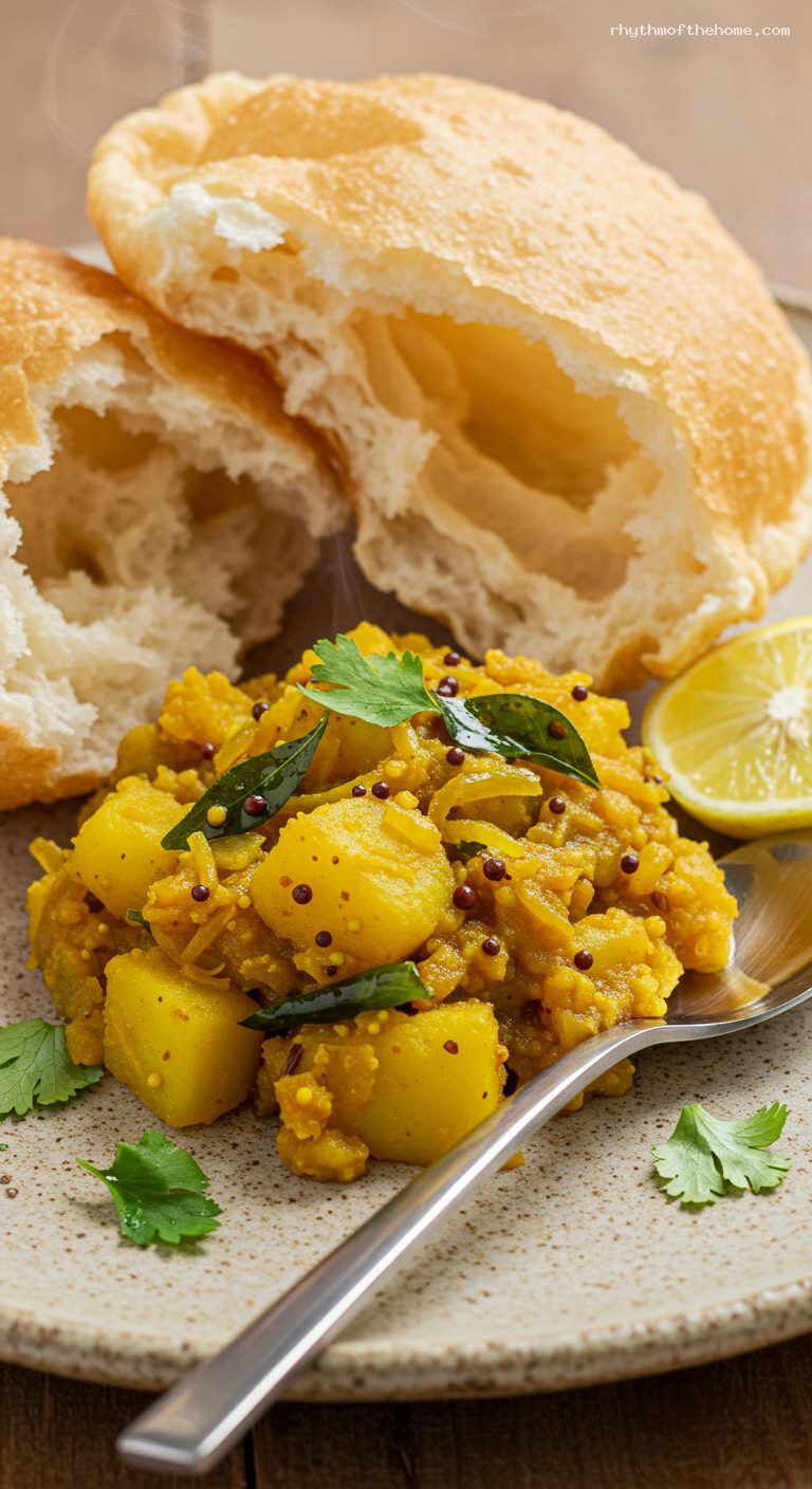 Puri Bhaji: Puffed Pooris with Turmeric Potato Bhaji – Closeup