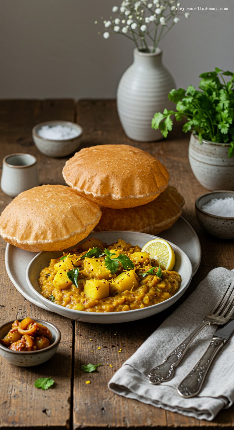 Puri Bhaji: Puffed Pooris with Turmeric Potato Bhaji