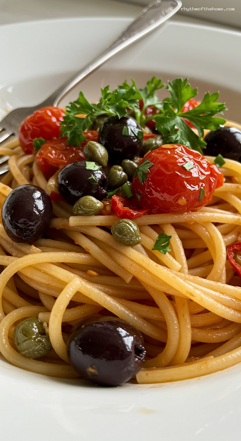 Quick Pasta alla Puttanesca with Anchovies and Capers – Closeup