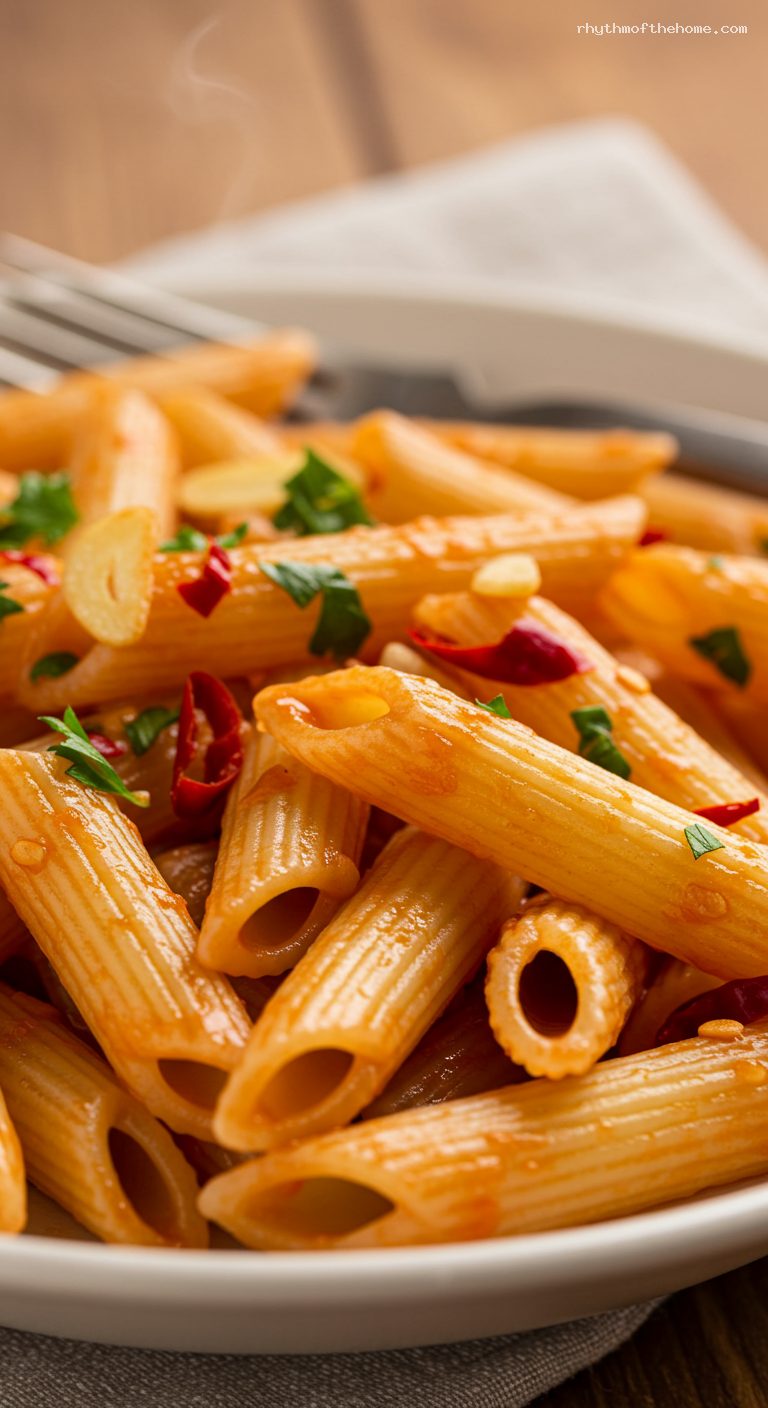 Quick Penne All’Arrabbiata with Garlic and Chili – Closeup