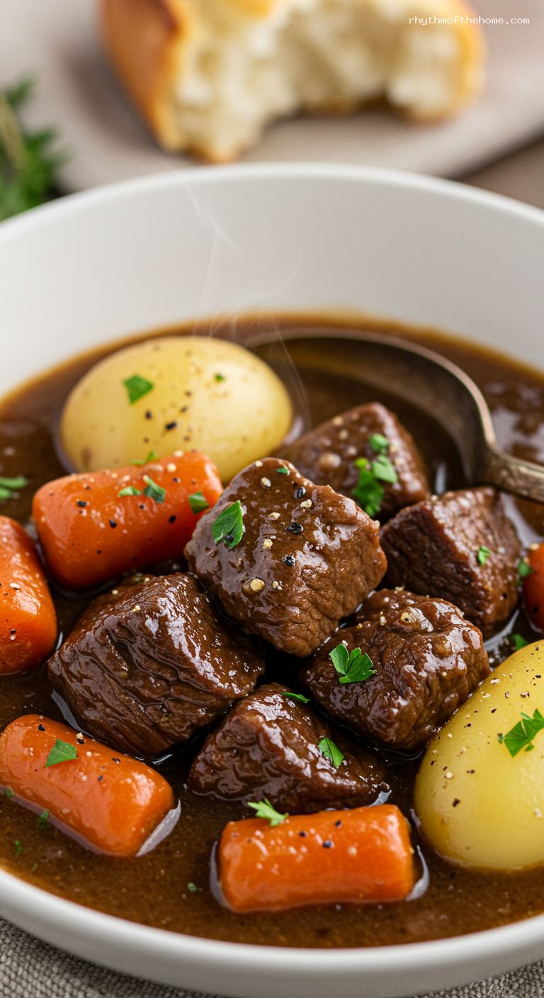 Red Wine Beef Stew with Carrots and Potatoes – Closeup