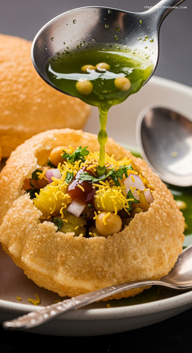 Refreshing Pani Puri (Golgappa) with Spicy Potato and Tangy Water – Closeup