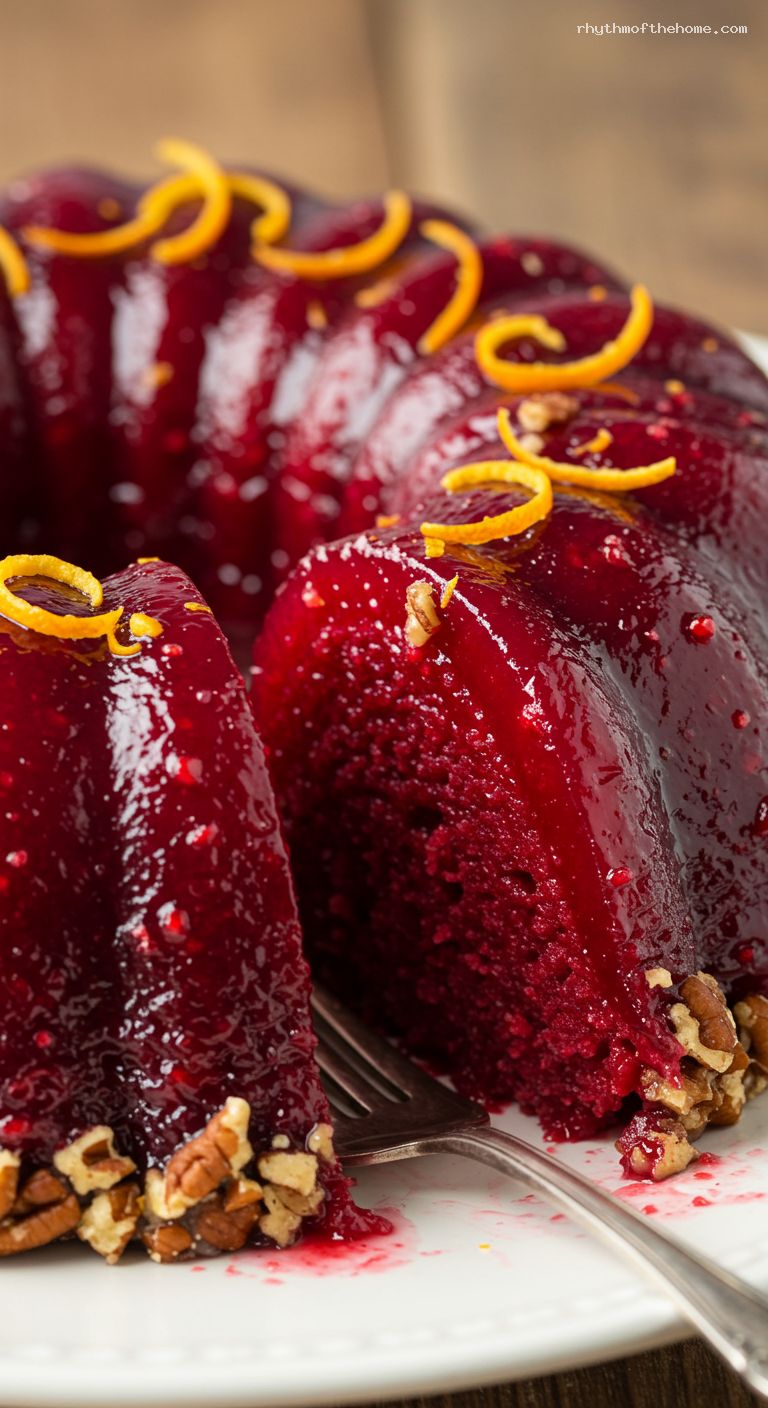 Retro Jellied Cranberry Ring with Orange and Pecans – Closeup