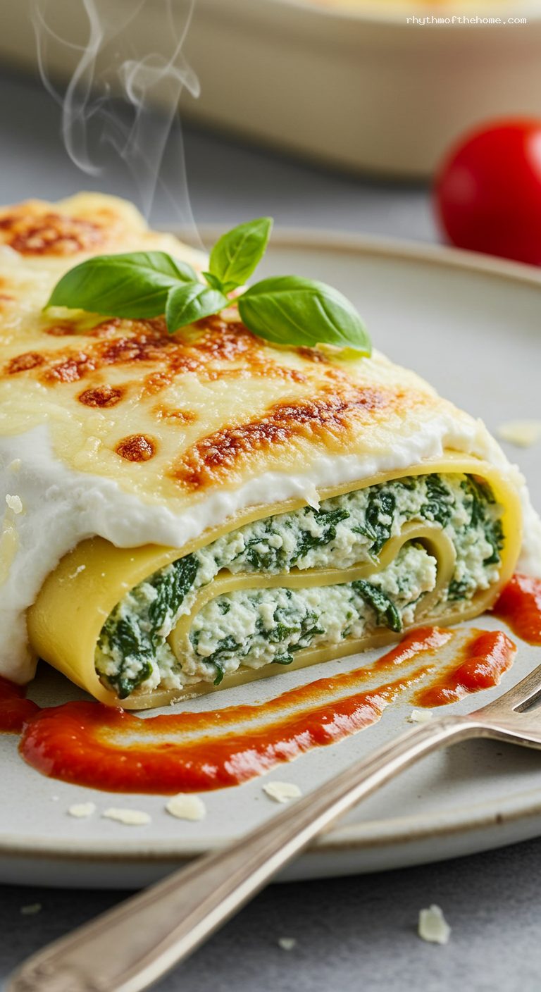 Ricotta and Spinach Cannelloni with Béchamel and Tomato – Closeup
