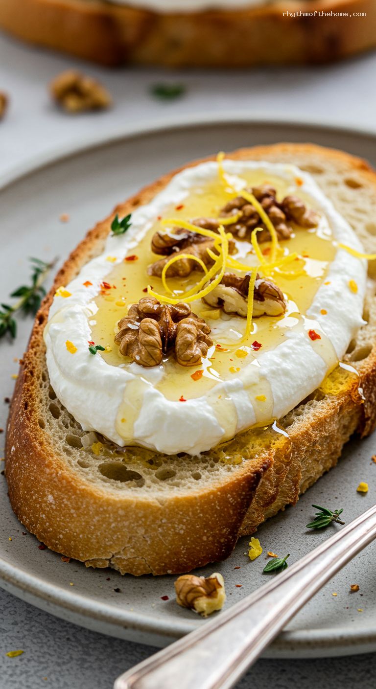 Ricotta Hot Honey Toasts with Walnuts and Lemon Zest – Closeup