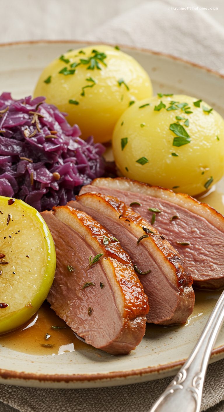 Roast Duck with Apples, Marjoram, and Pan Juices – Closeup