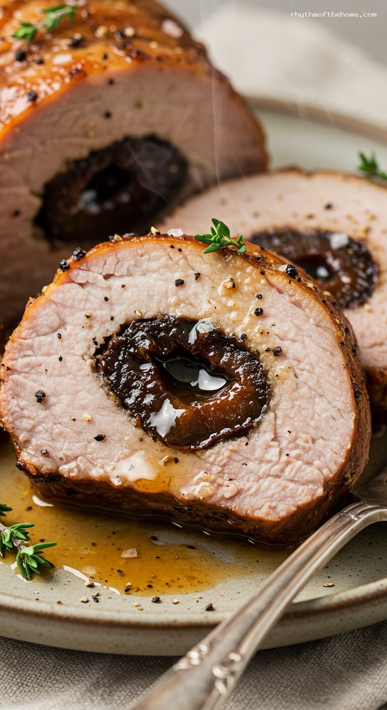 Roast Pork Loin with Prunes and Thyme Jus – Closeup