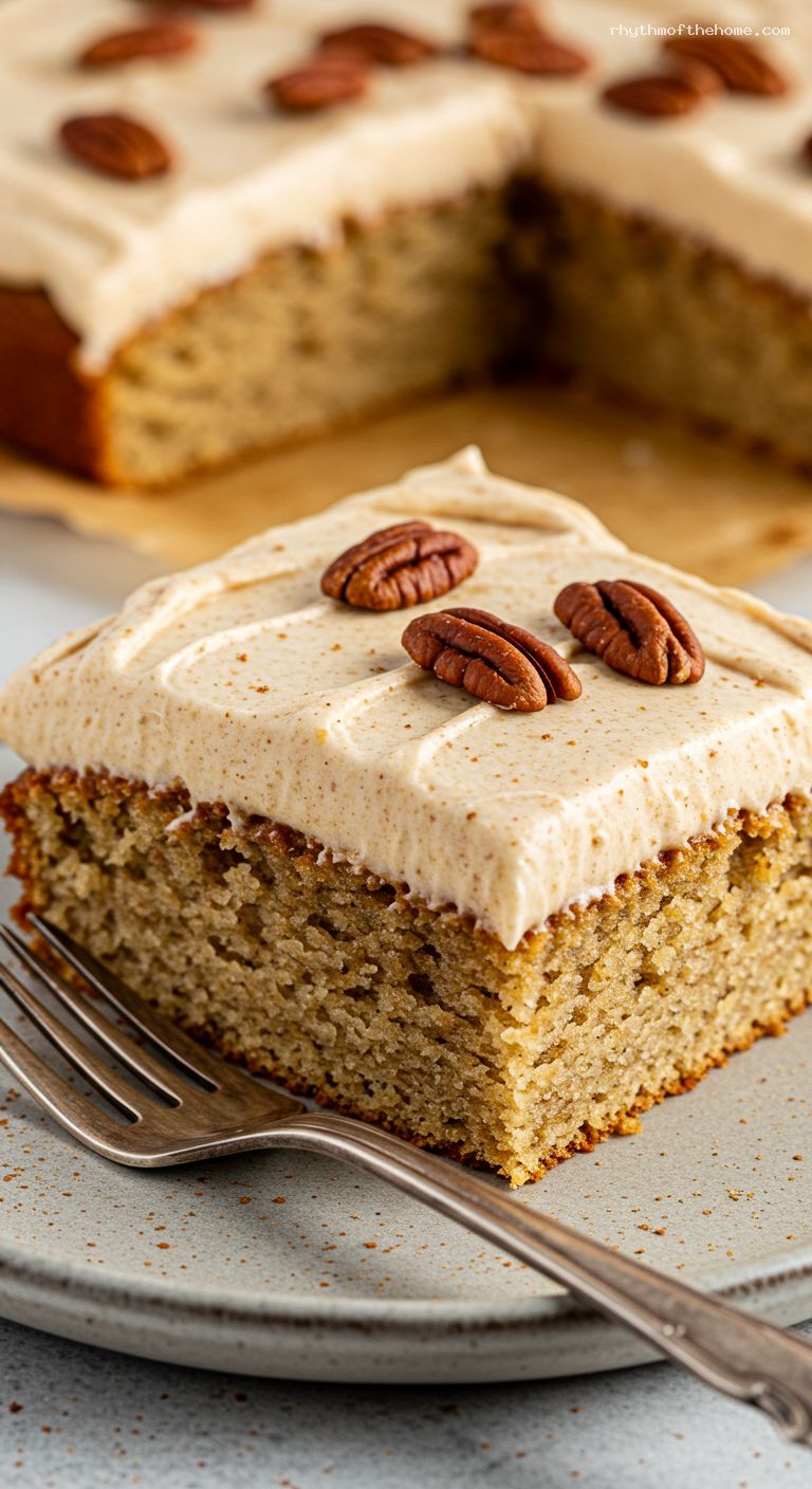 Roasted Banana Buttermilk Sheet Cake with Brown-Butter Frosting and Pecans – Closeup