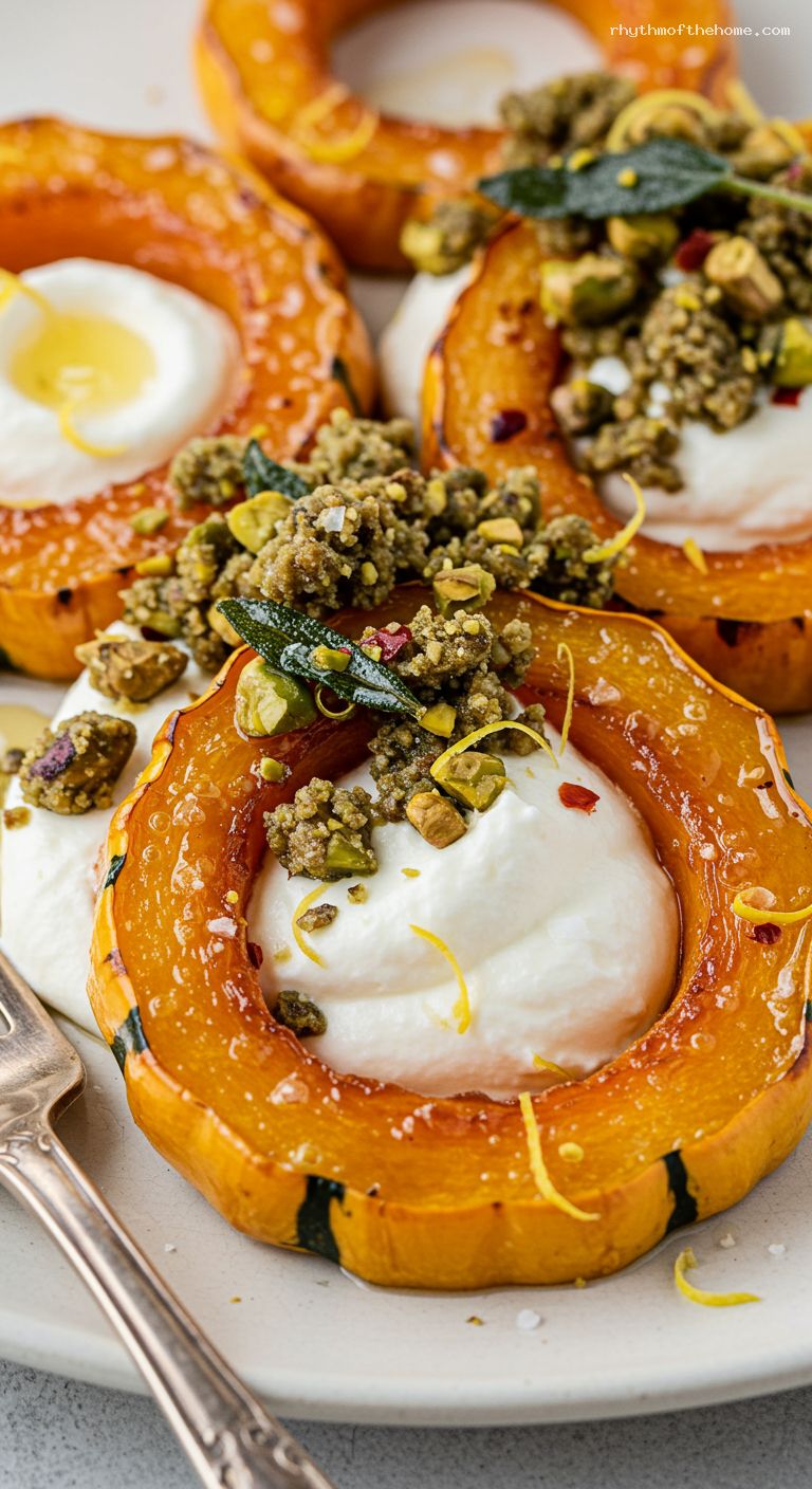 Roasted Delicata Squash with Maple Brown Butter and Whipped Feta – Closeup