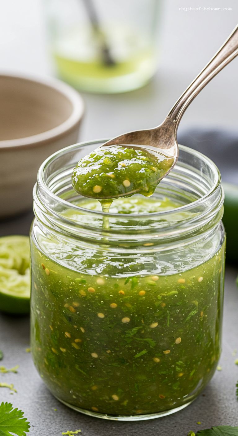 Roasted Garlic Tomatillo Salsa Verde – Closeup