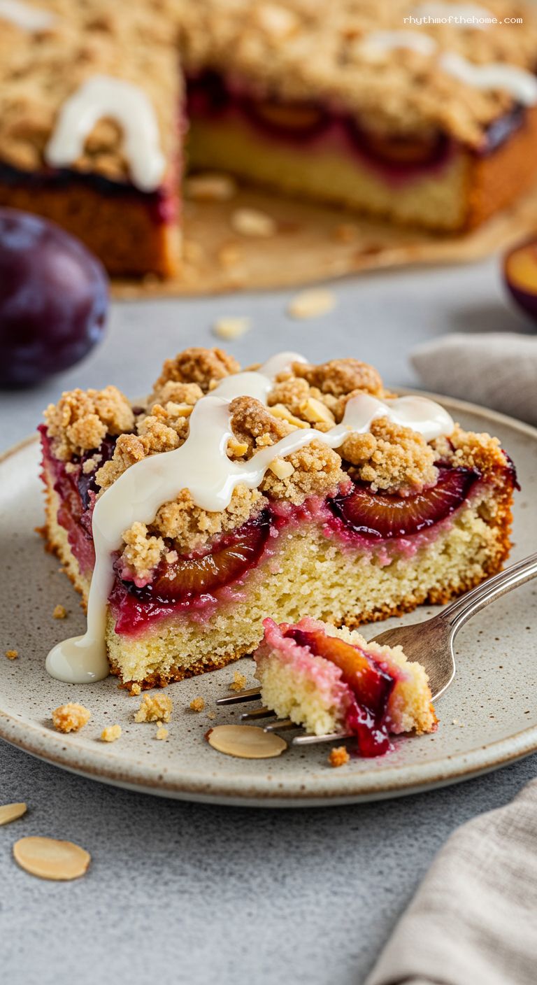 Roasted Plum Almond Crumb Cake with Vanilla Glaze – Closeup