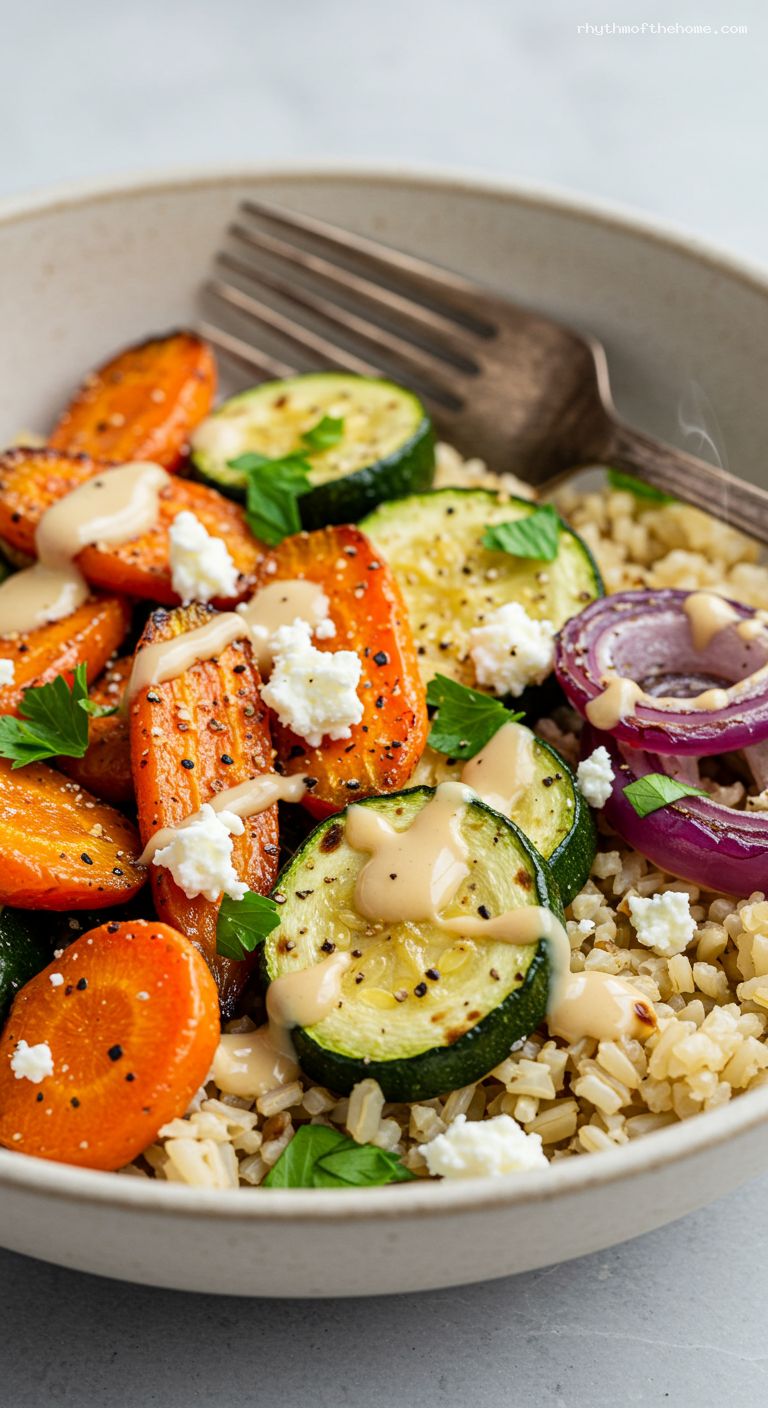 Roasted Veggie Grain Bowls with Lemon-Tahini and Feta – Closeup