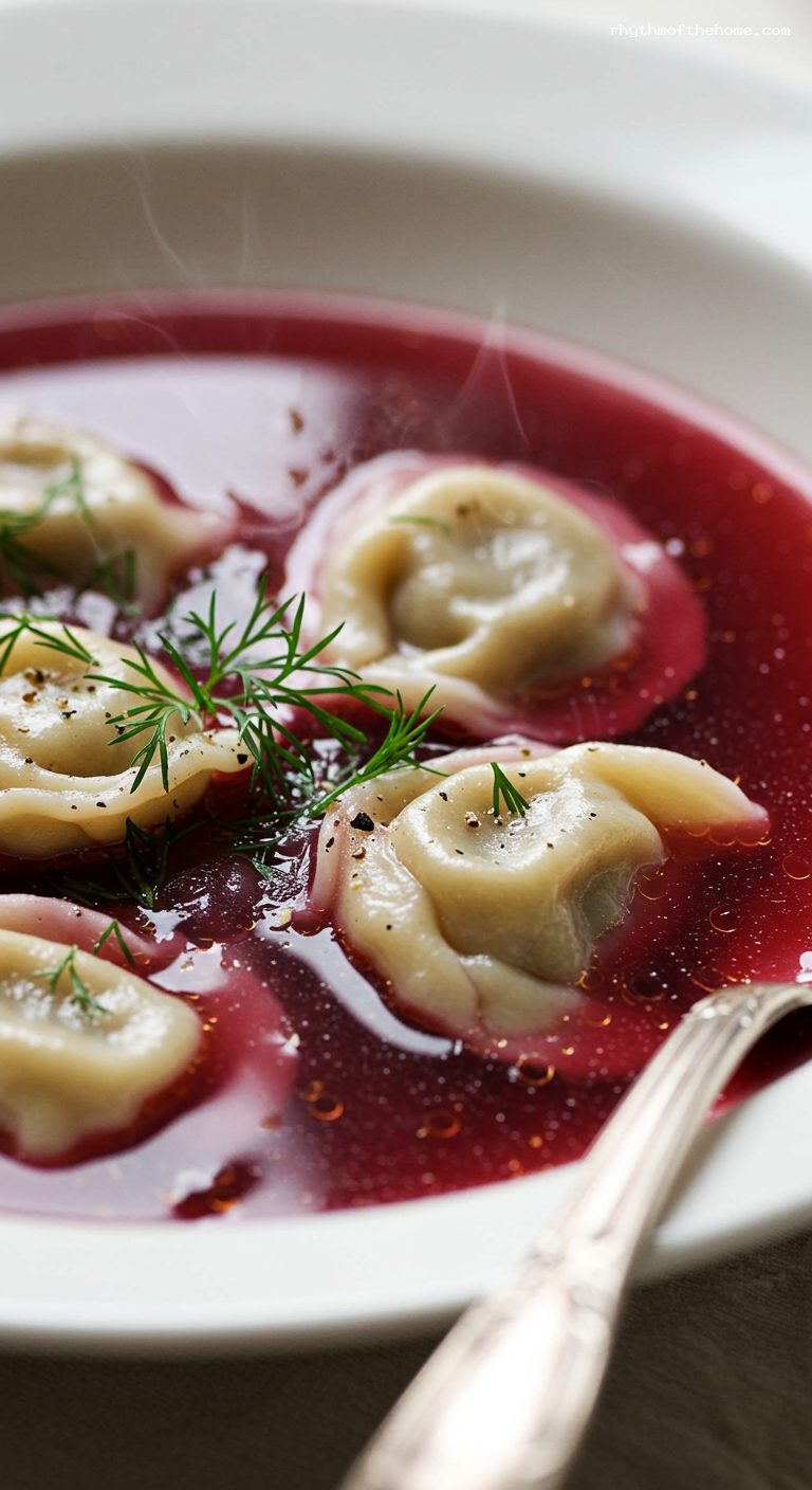 Ruby Beet Borscht with Mushroom Dumplings – Closeup