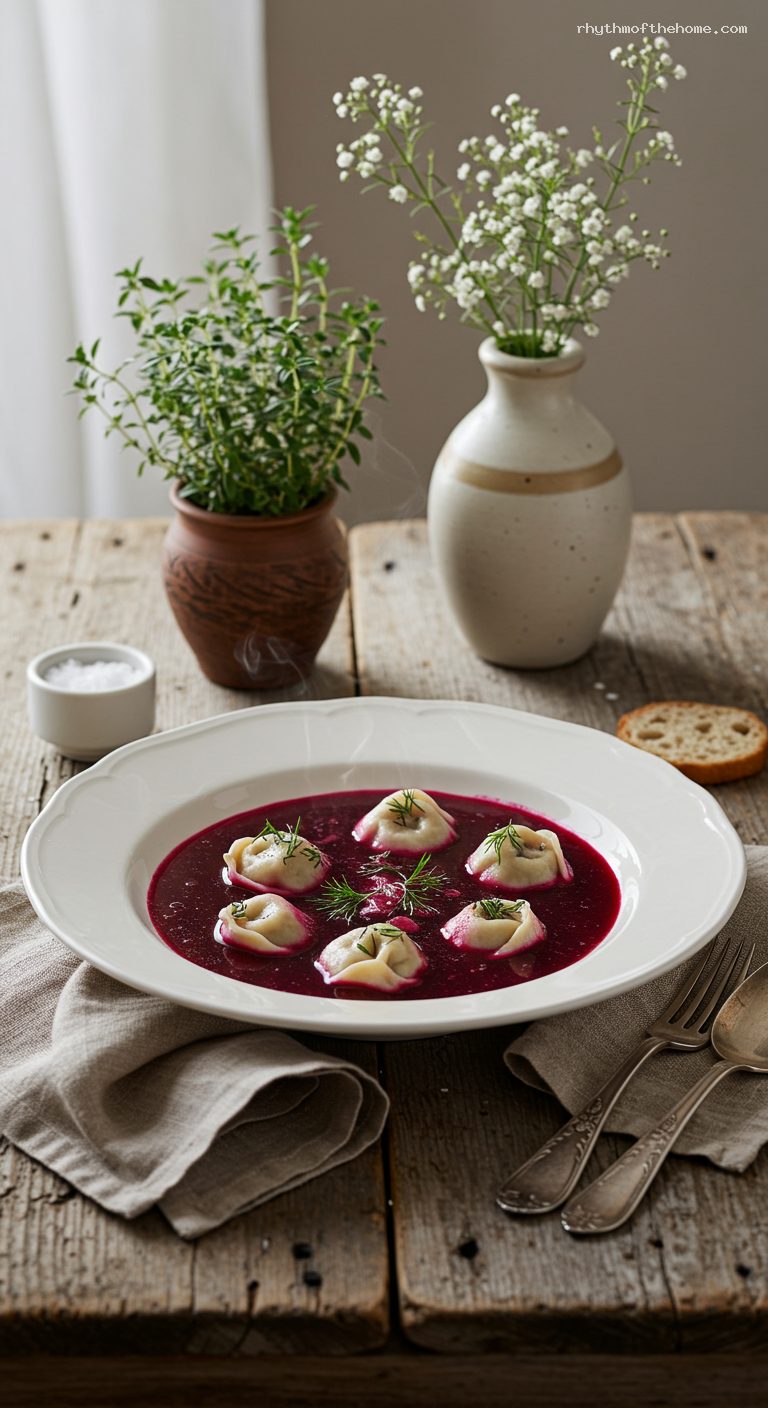 Ruby Beet Borscht with Mushroom Dumplings