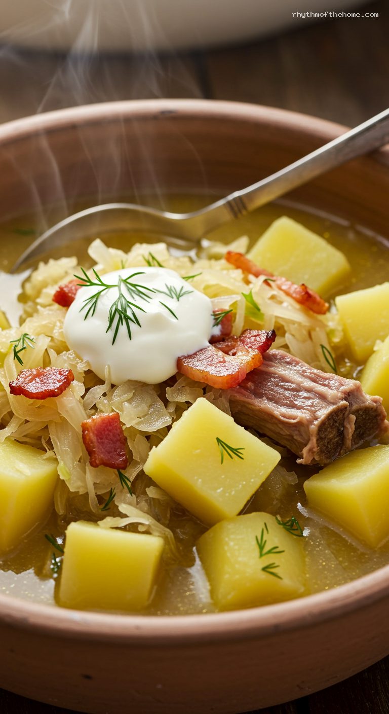 Rustic Kapuśniak: Polish Sauerkraut and Cabbage Soup – Closeup