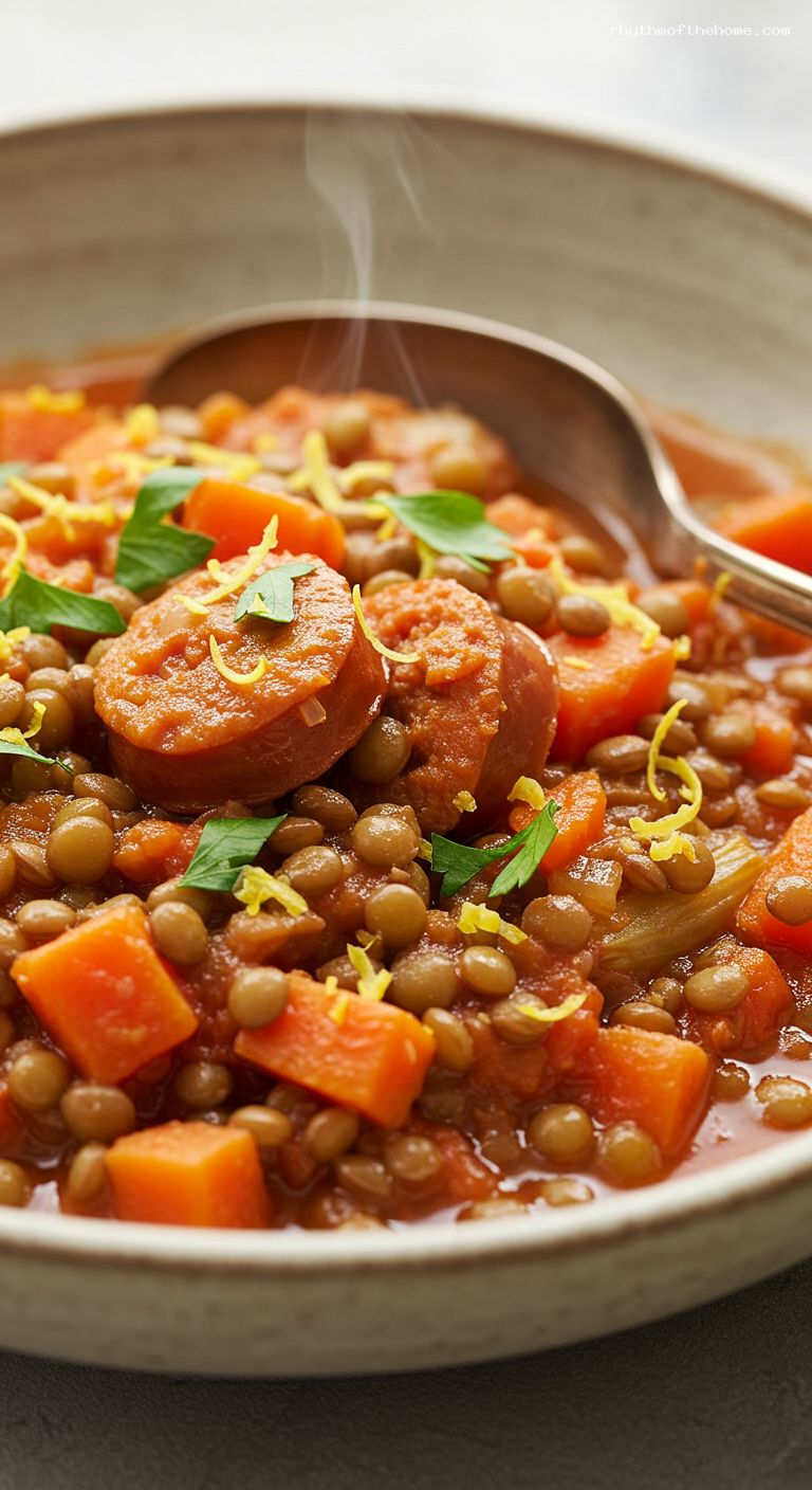 Rustic Lentil and Sausage Stew with Lemon and Parsley – Closeup