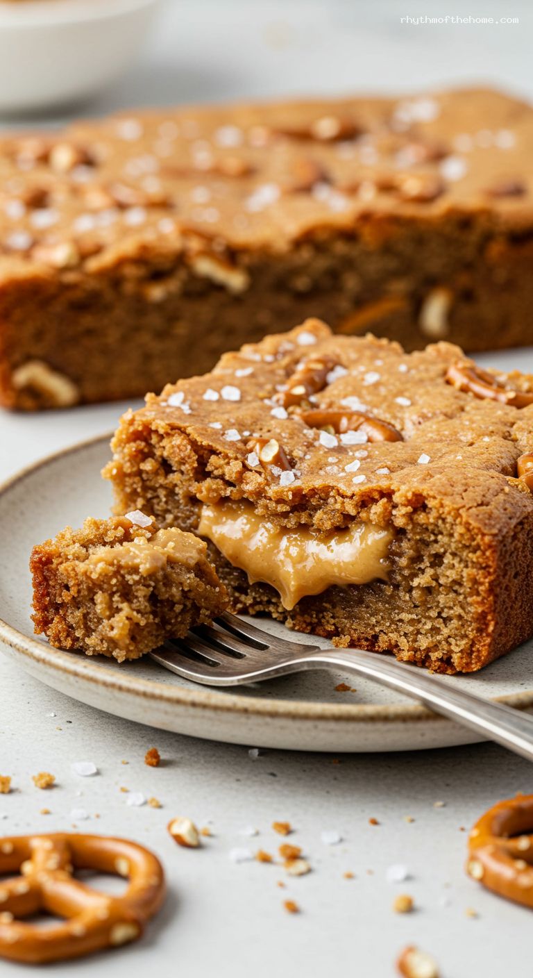 Salted Peanut Butter Pretzel Blondies – Closeup