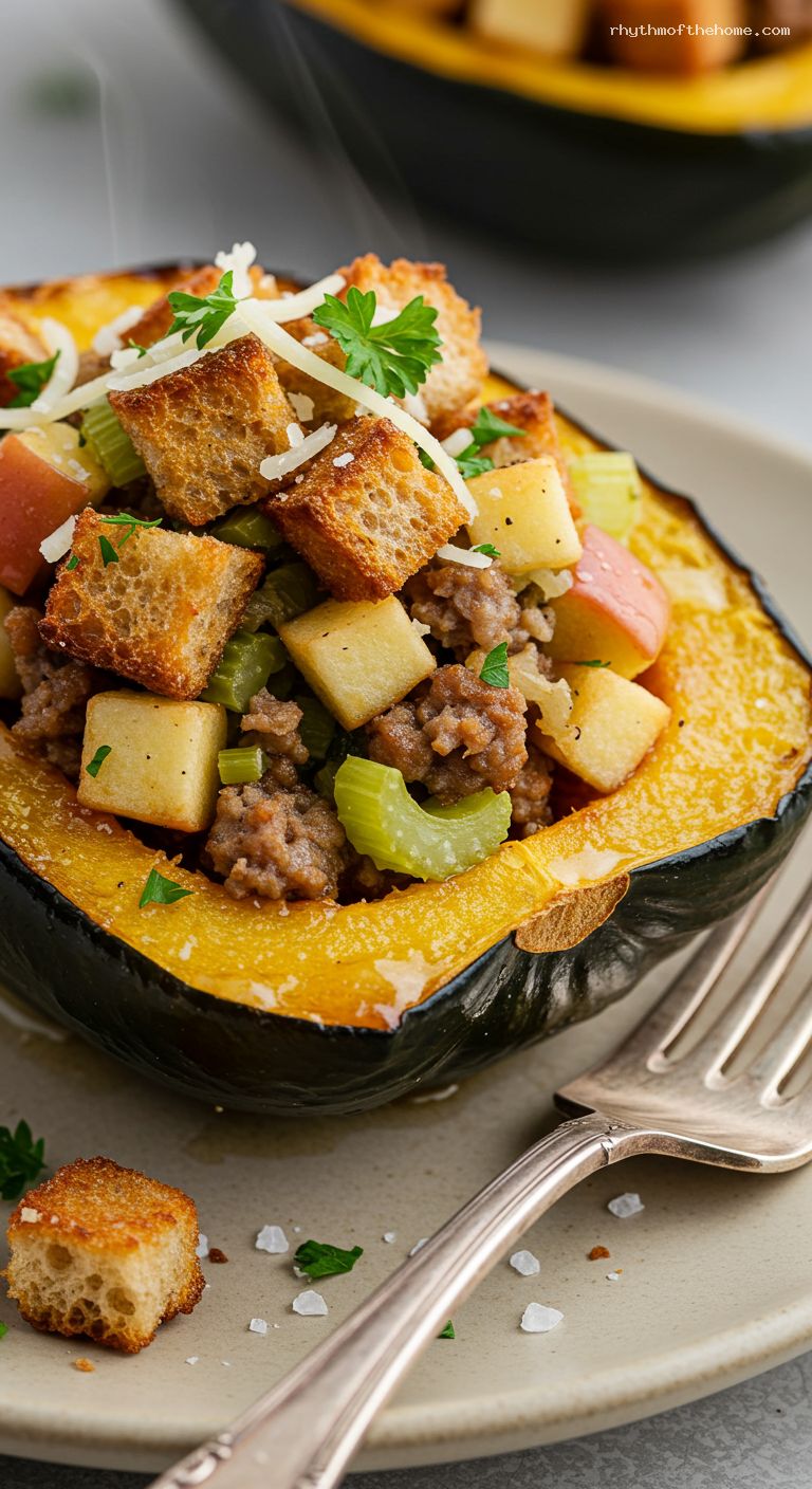 Sausage and Apple Stuffed Acorn Squash with Sage – Closeup