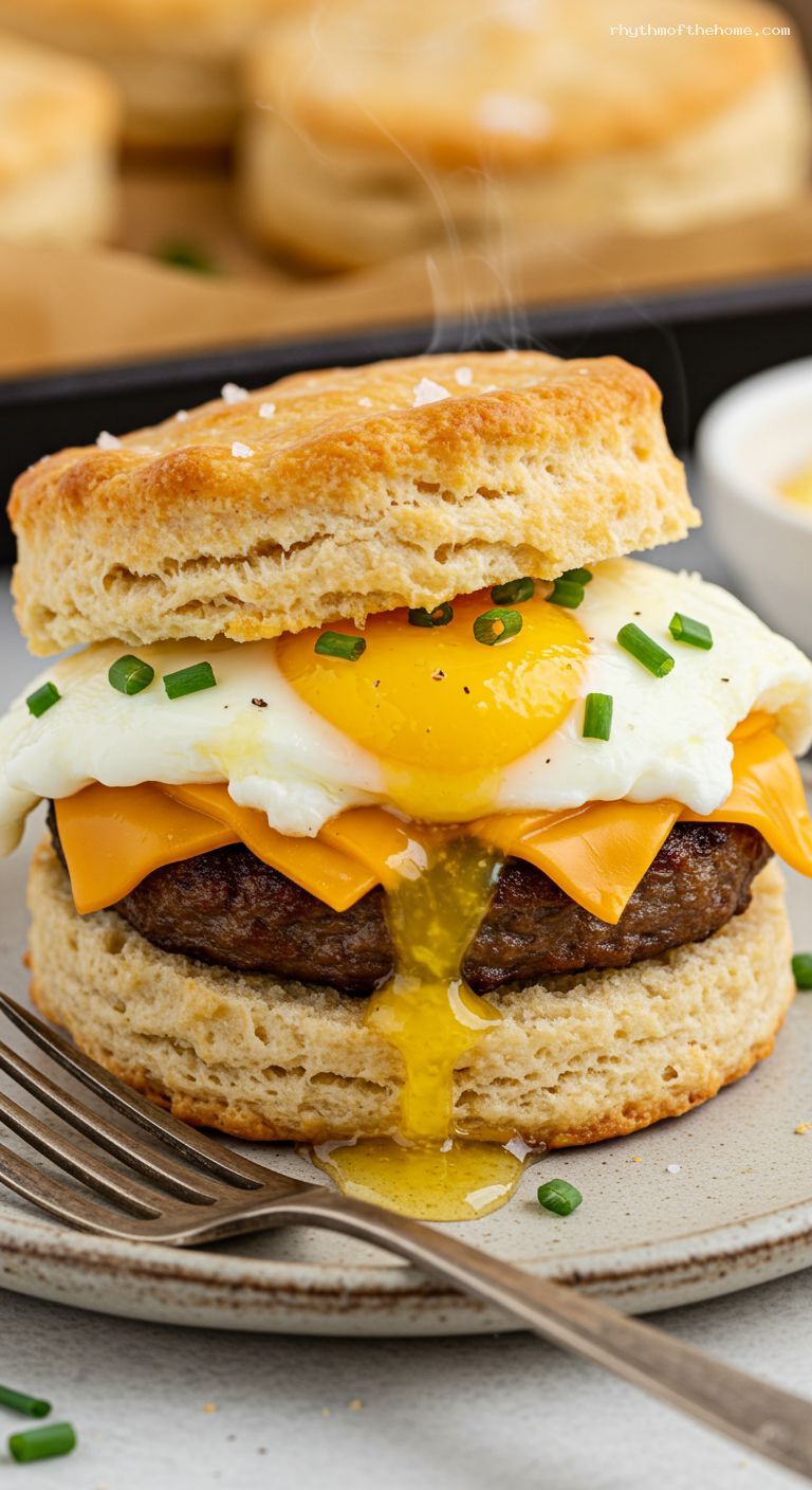 Sausage, Egg, and Cheese Biscuit Sandwiches with Honey Butter – Closeup
