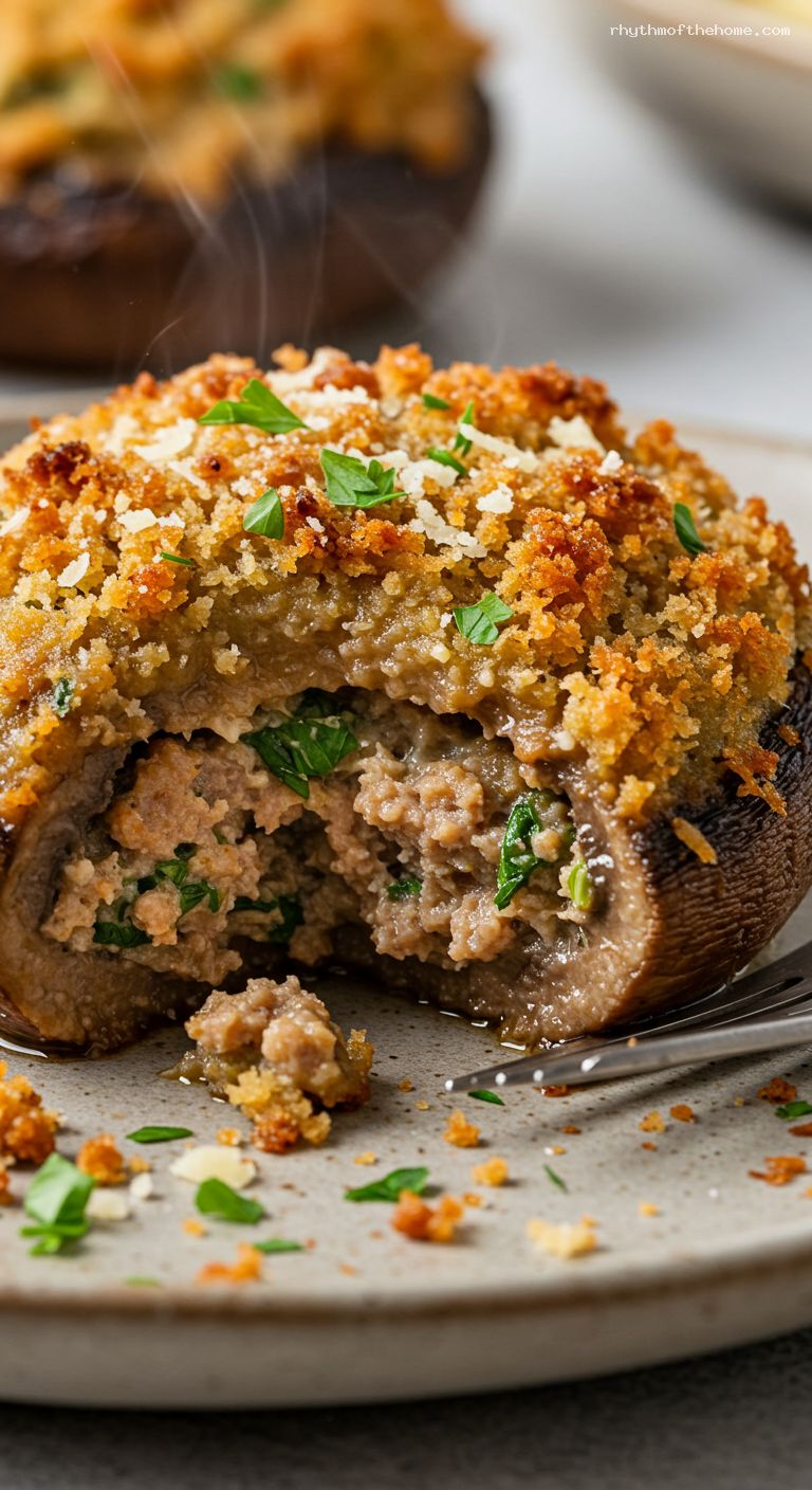 Sausage-Stuffed Mushrooms with Garlicky Breadcrumbs and Parmesan – Closeup