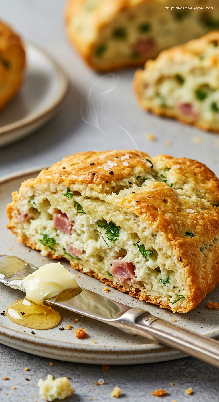 Savory Ricotta Herb Scones with Ham and Honey Butter – Closeup