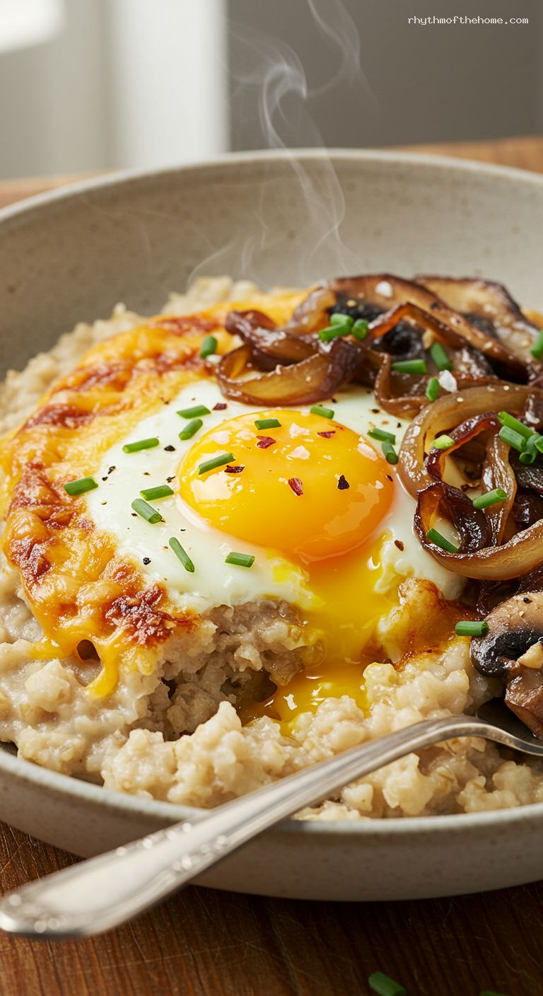 Savory Steel-Cut Oats with Mushrooms, Cheddar, and Jammy Eggs – Closeup