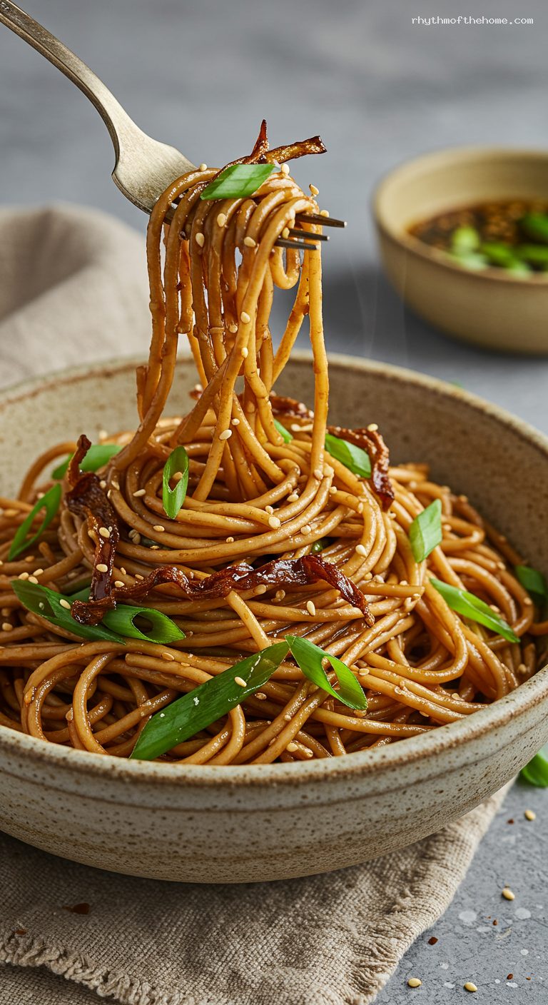 Scallion Oil Noodles with Soy and Black Vinegar – Closeup