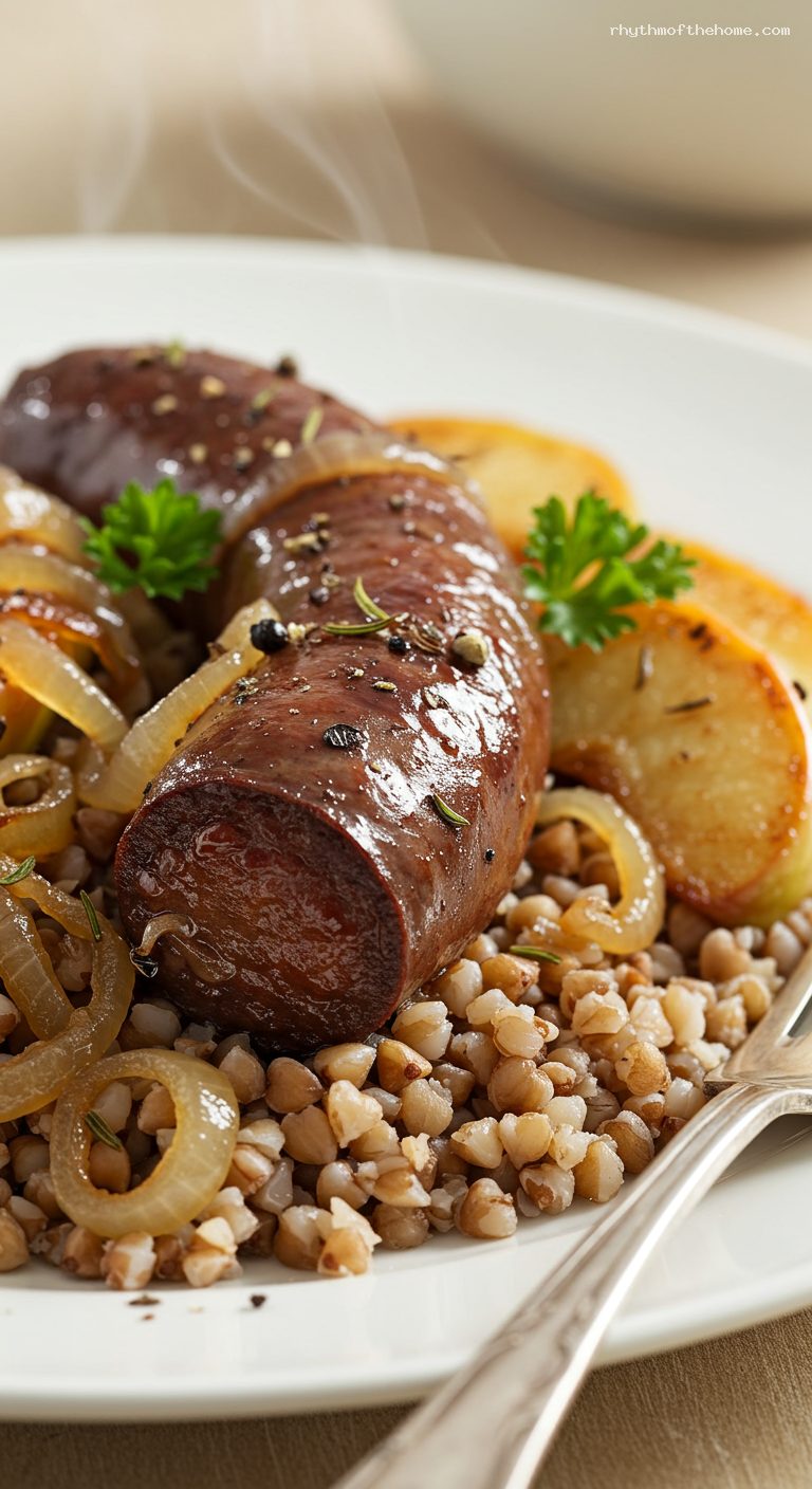 Seared Blood Sausage with Caramelized Onions and Apples – Closeup