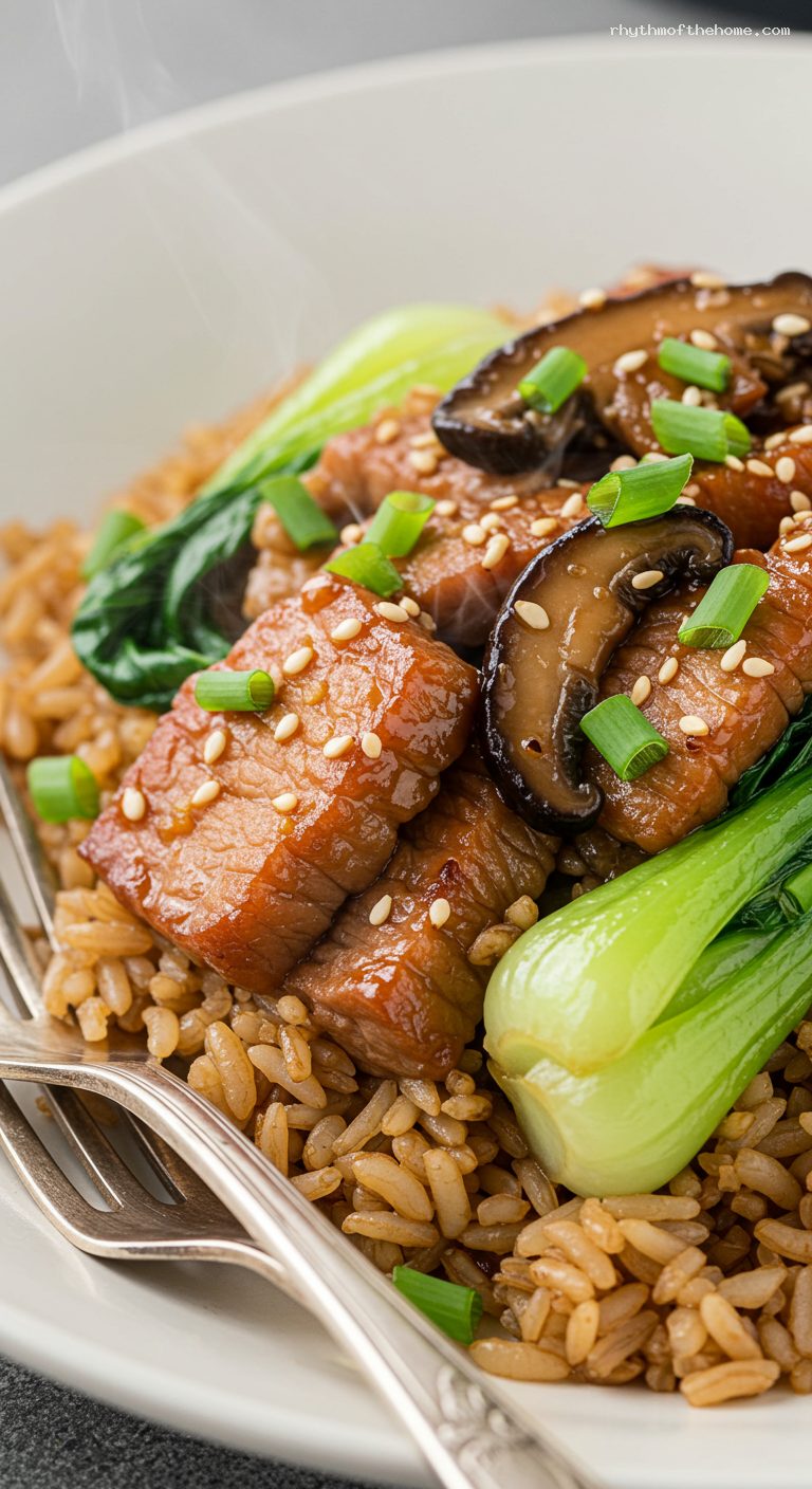 Shanghai Stir-Fried Rice Cakes with Pork and Greens – Closeup