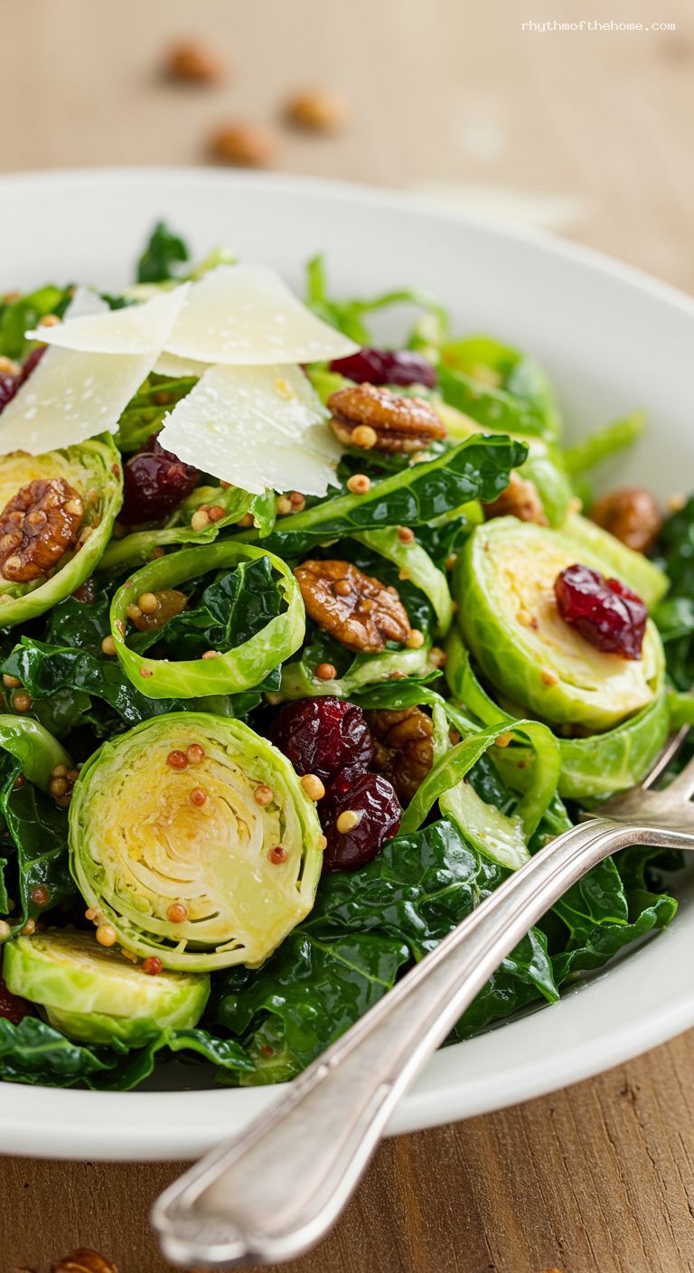 Shaved Brussels Sprout and Baby Kale Salad with Honey-Dijon Vinaigrette – Closeup