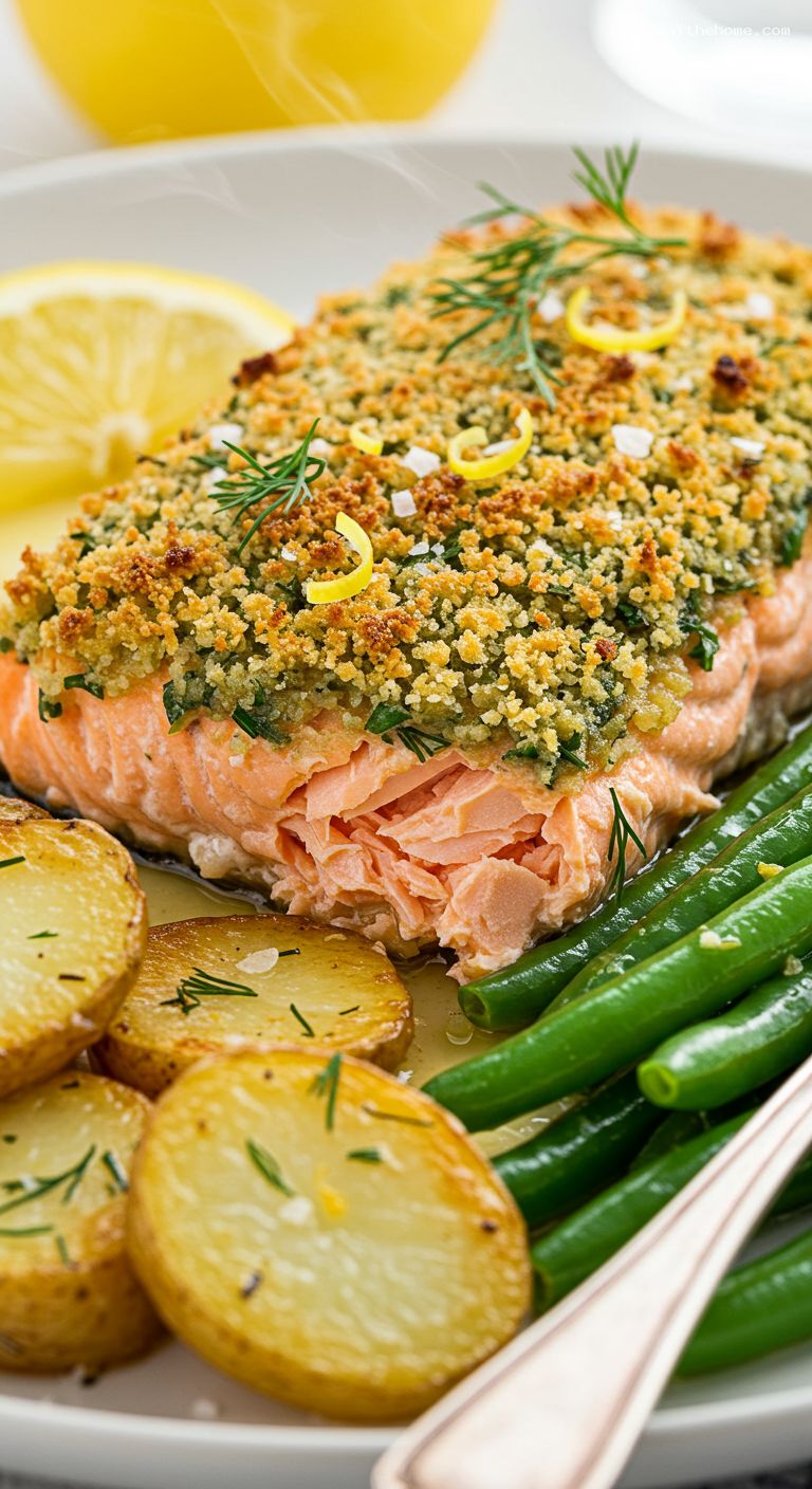 Sheet-Pan Dijon Herb-Crusted Salmon with Potatoes and Green Beans – Closeup