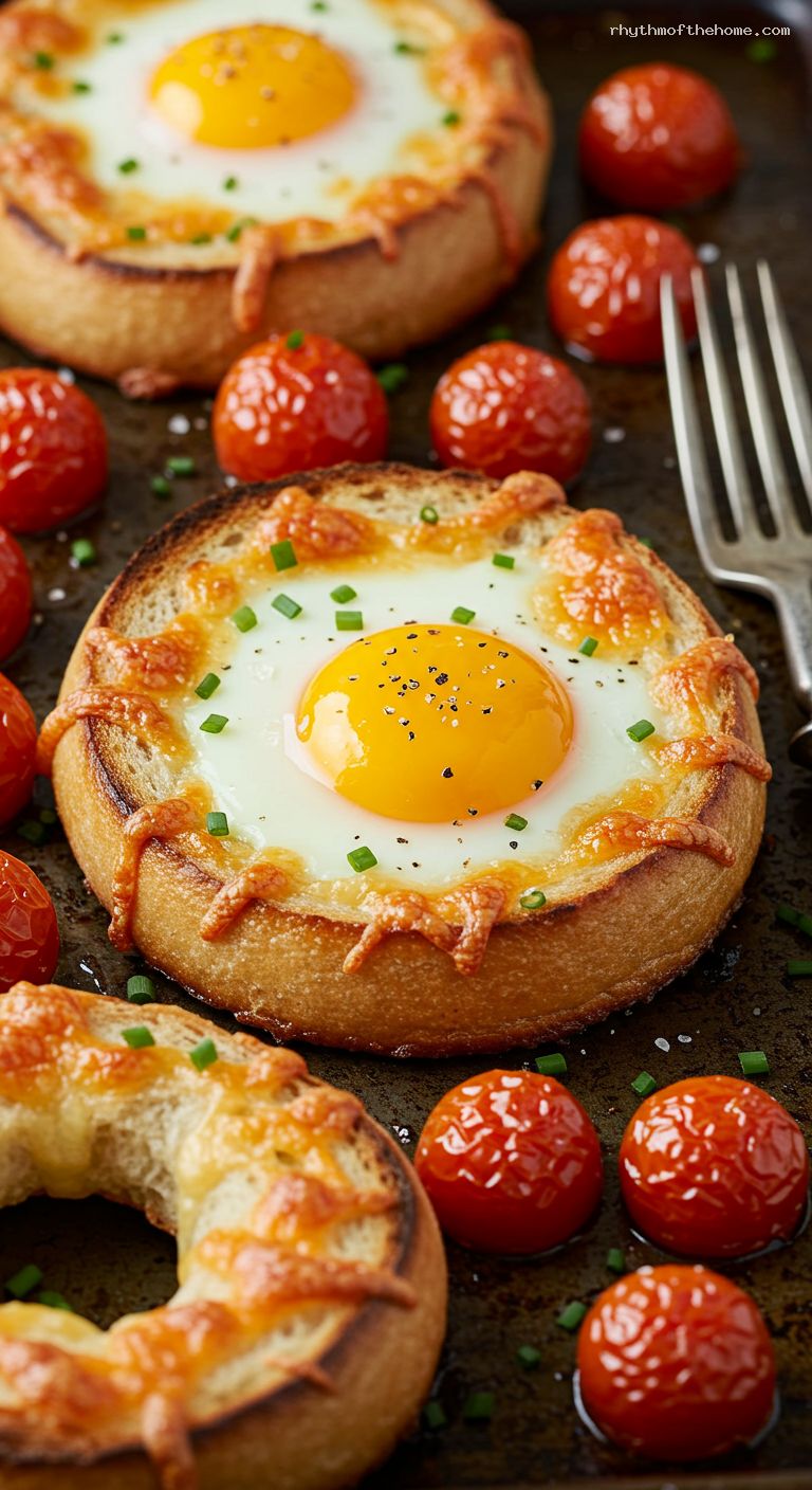Sheet-Pan Eggs-in-a-Hole with Cheddar and Tomatoes – Closeup