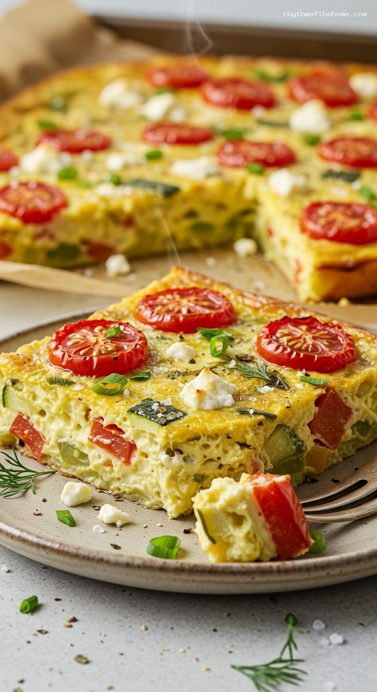 Sheet-Pan Garden Veggie Frittata with Feta – Closeup