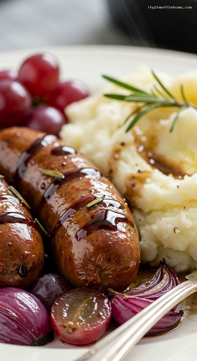 Sheet-Pan Italian Sausages with Grapes and Rosemary – Closeup