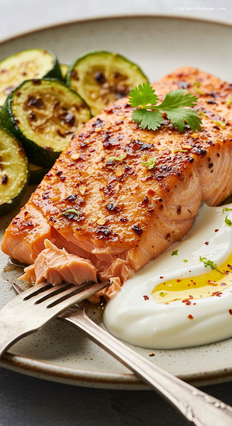 Sheet-Pan Salmon with Chili-Lime Yogurt and Veggies – Closeup