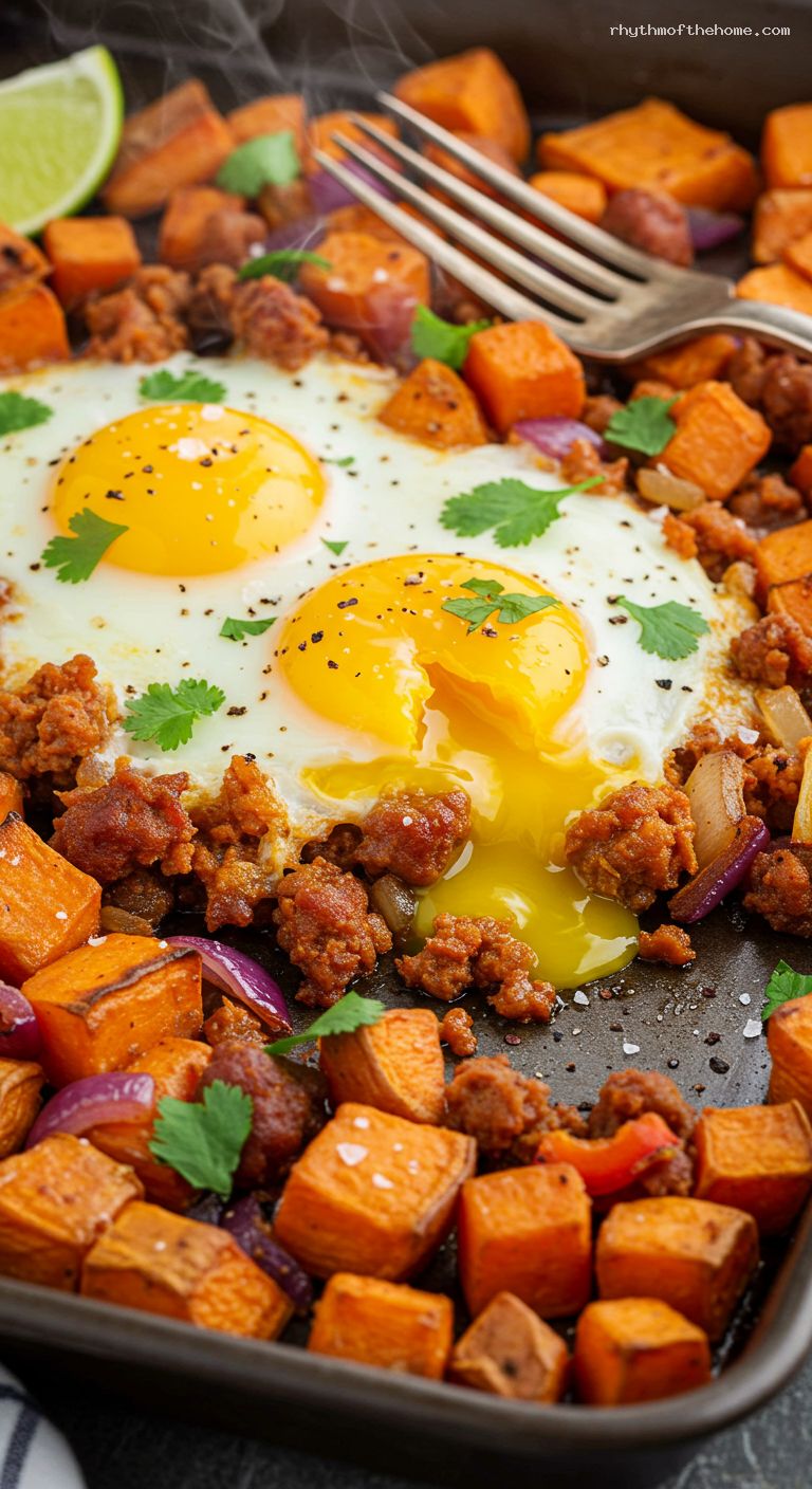 Sheet-Pan Sweet Potato Chorizo Hash with Eggs – Closeup