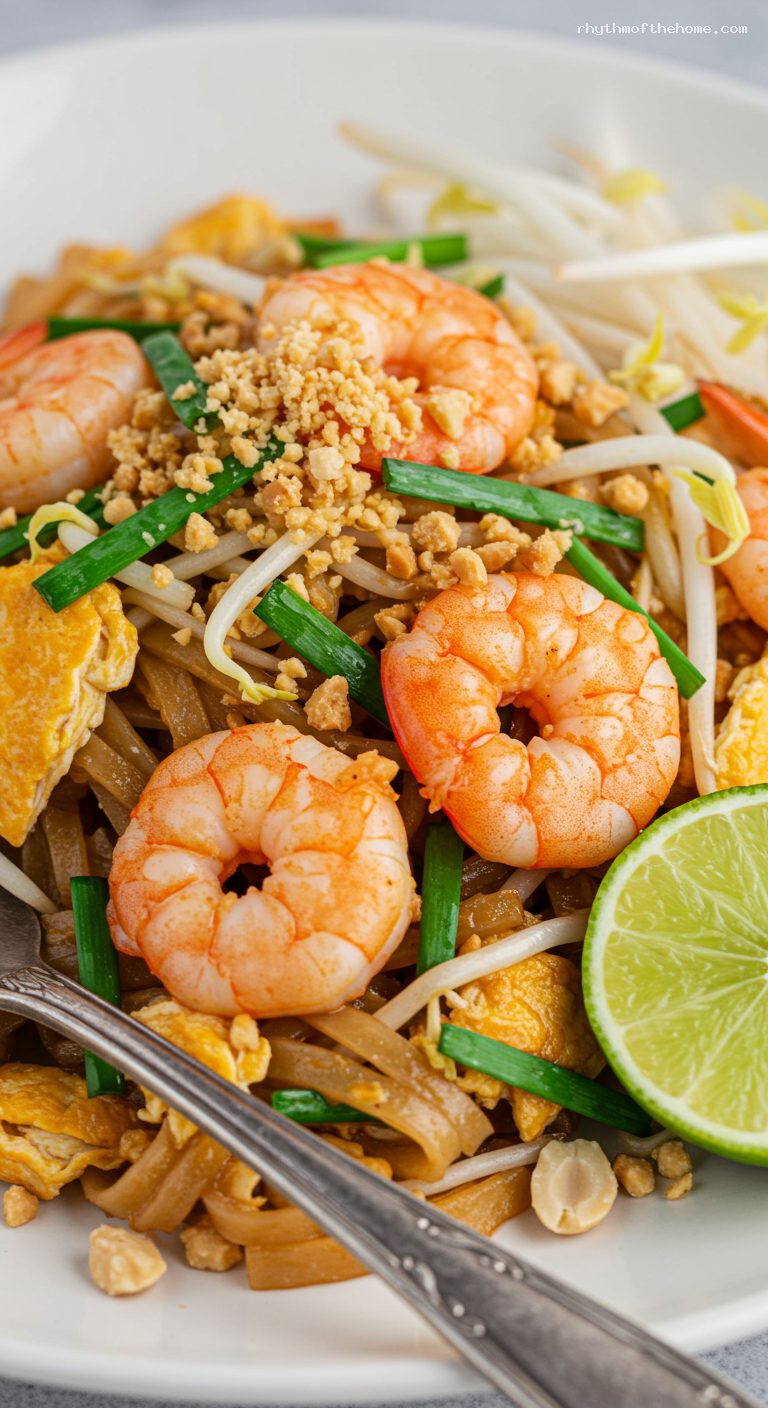 Shrimp Pad Thai with Tamarind, Peanuts, and Lime – Closeup