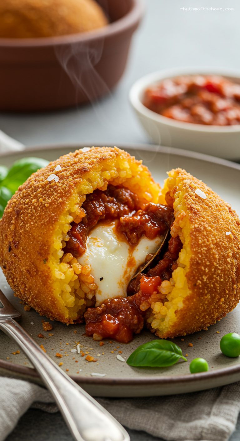 Sicilian Arancini with Saffron Risotto and Mozzarella – Closeup