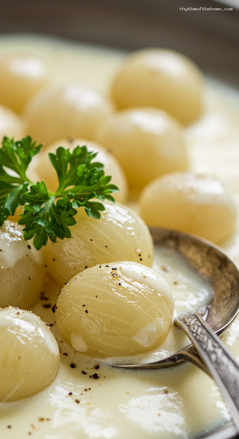 Silky Creamed Pearl Onions with Nutmeg and Parsley – Closeup