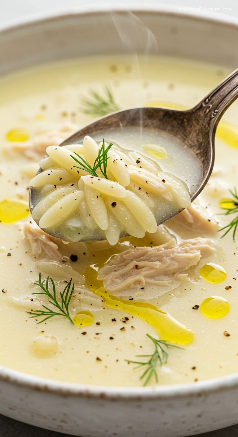 Silky Lemony Chicken Orzo Soup with Dill – Closeup