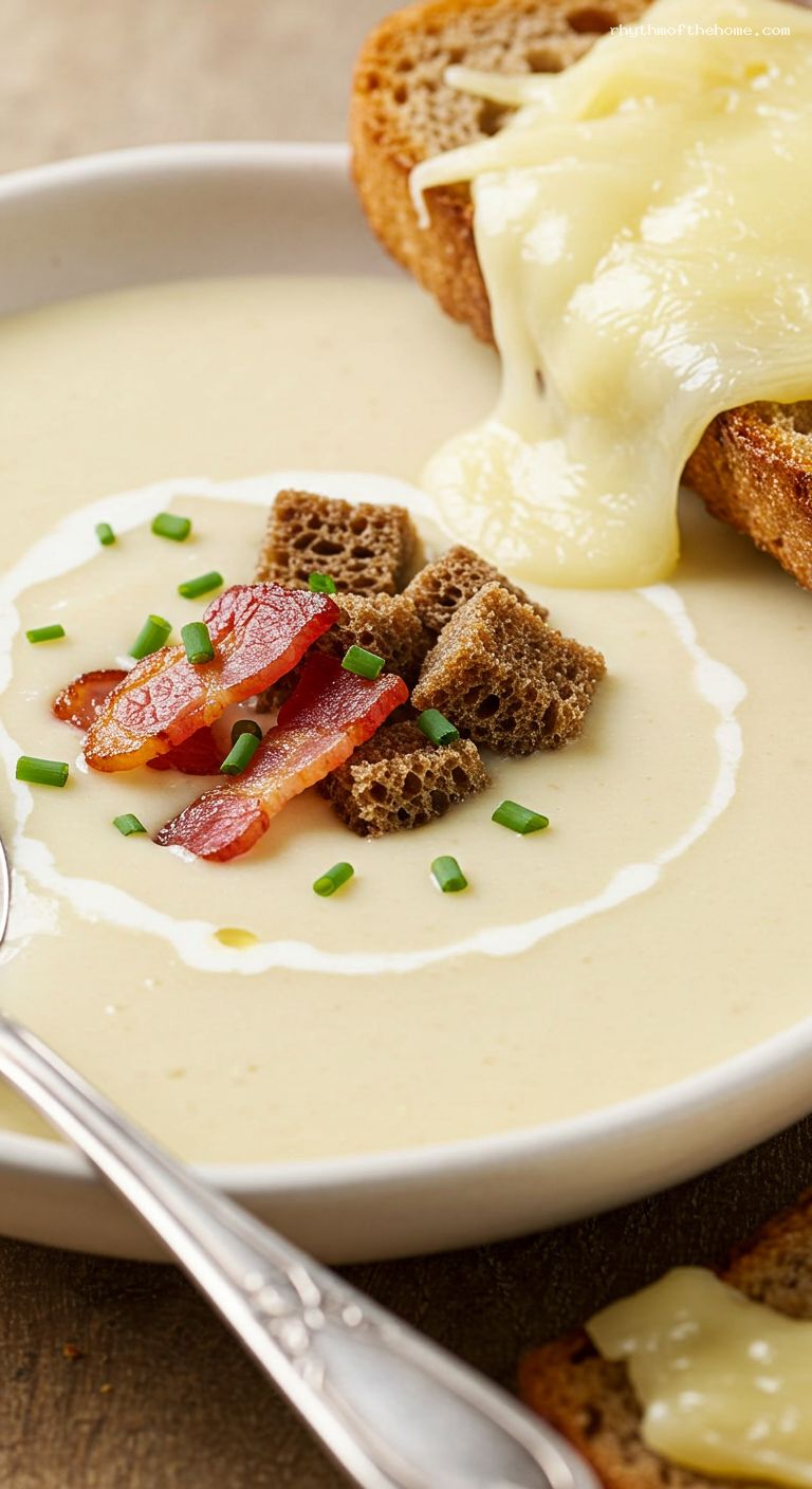 Silky Parsnip-Pear Soup with Pancetta and Rye Croutons – Closeup