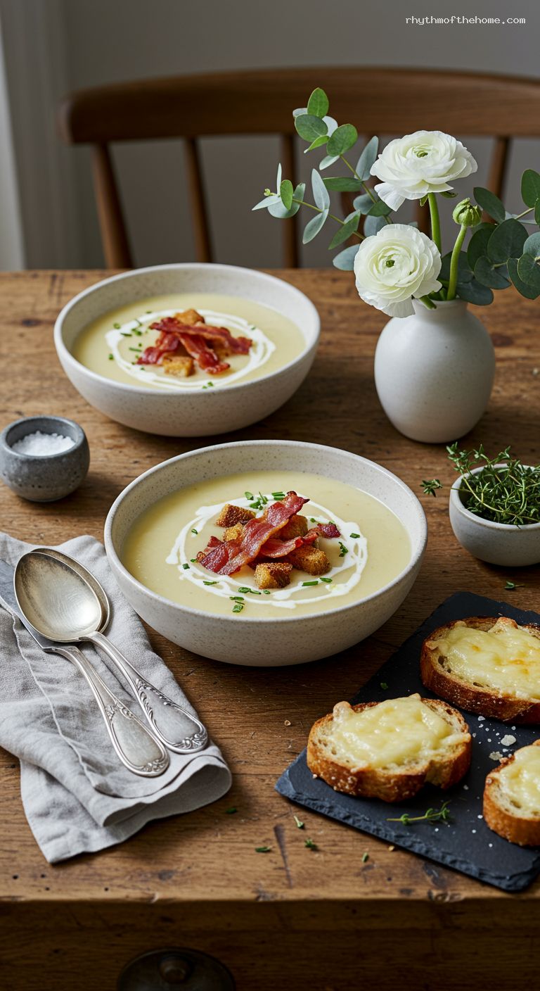 Silky Parsnip-Pear Soup with Pancetta and Rye Croutons