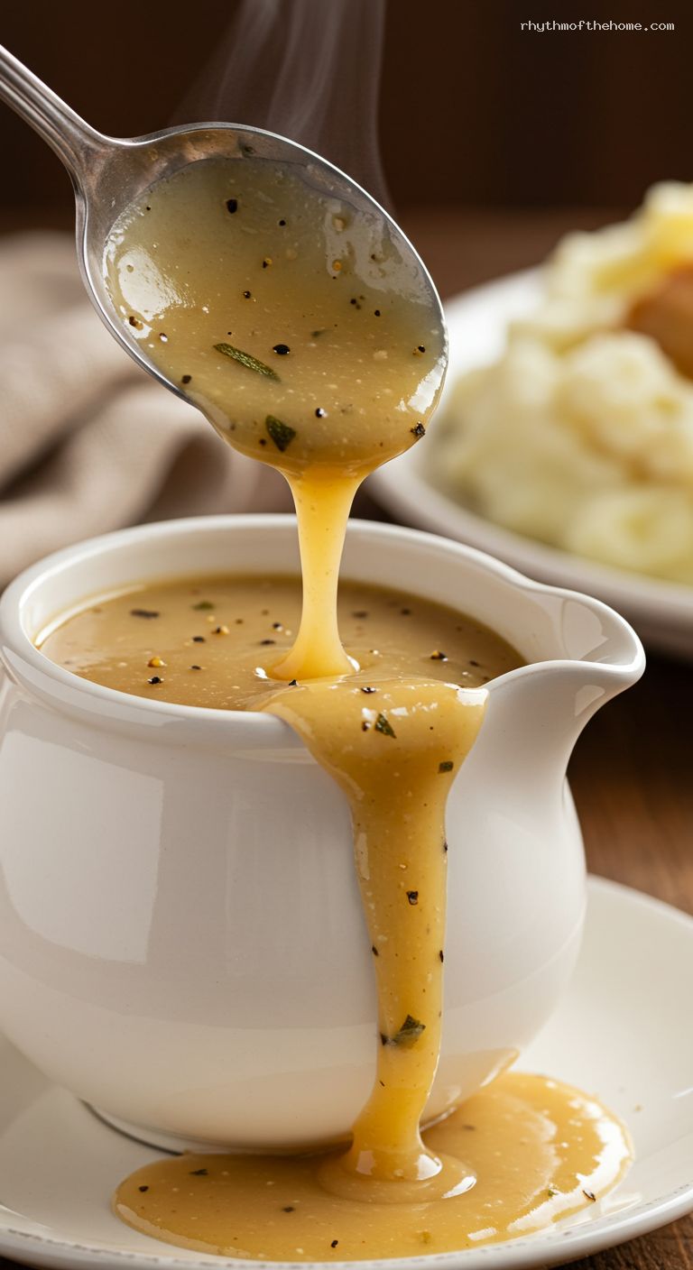 Silky Turkey Pan Gravy with Sage and Black Pepper – Closeup