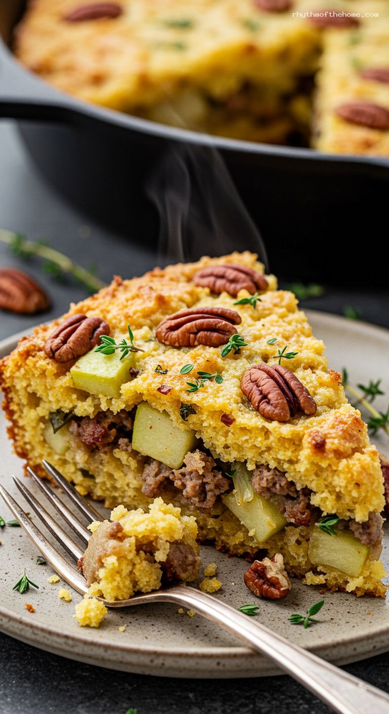 Skillet Cornbread Stuffing with Sausage, Apple, and Pecans – Closeup